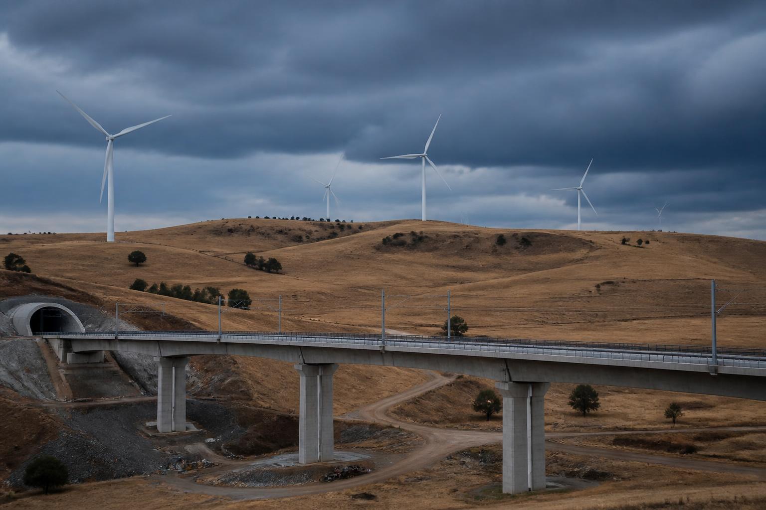Wind turbines above a newly built Australian rail viaduct and tunnel portal